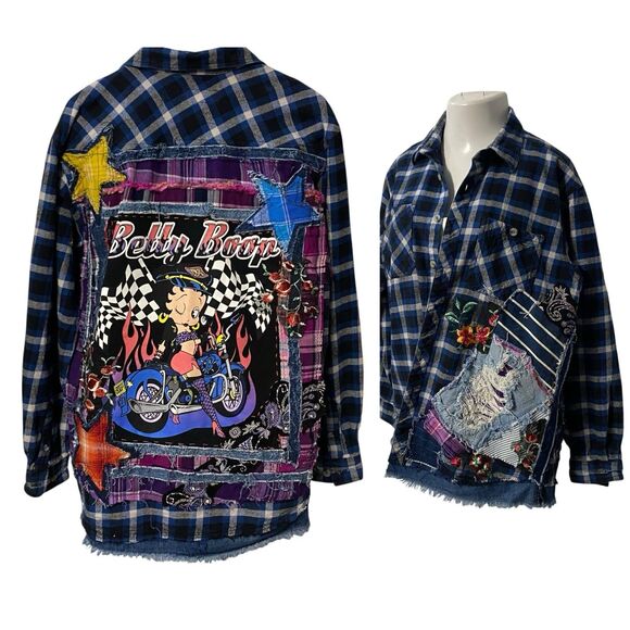 Upcycled Flannel Shirt Shacket Womens 1X Boop Motorcycle Grunge Patchwork Art - Picture 8 of 16